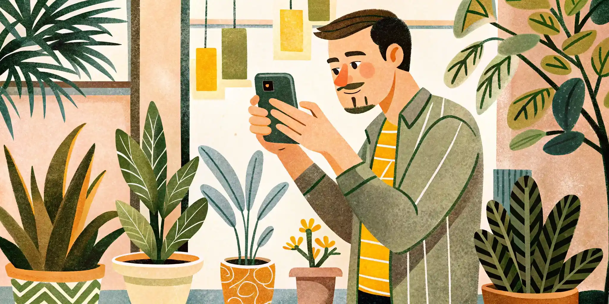 man is taking picture of the plant with his phone