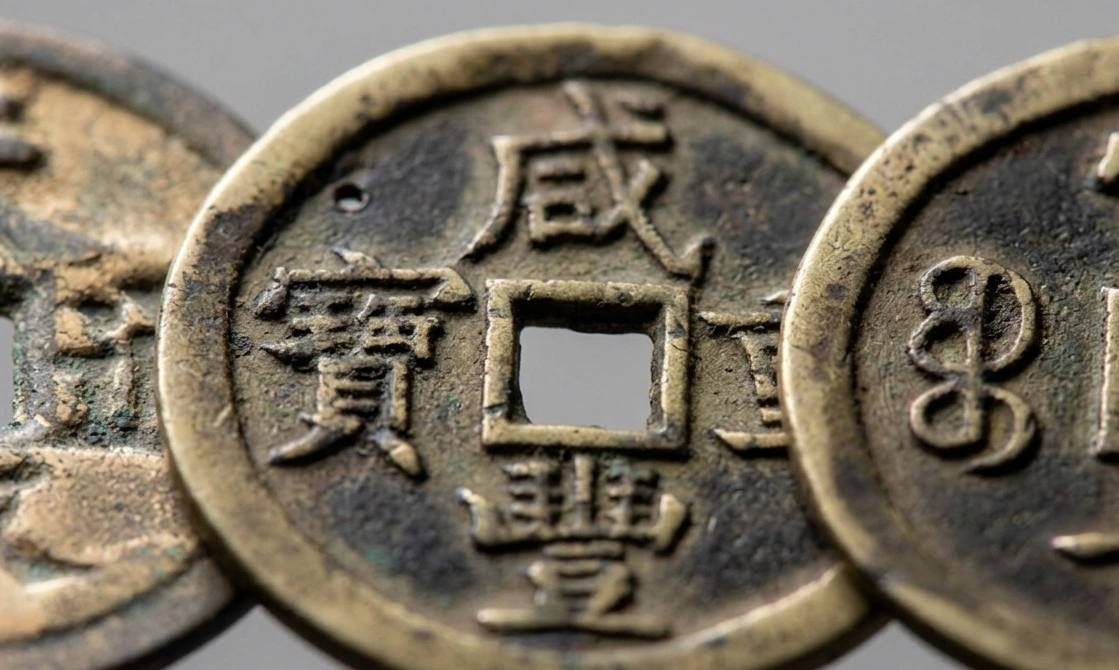 macro shot of worn square-holed coin